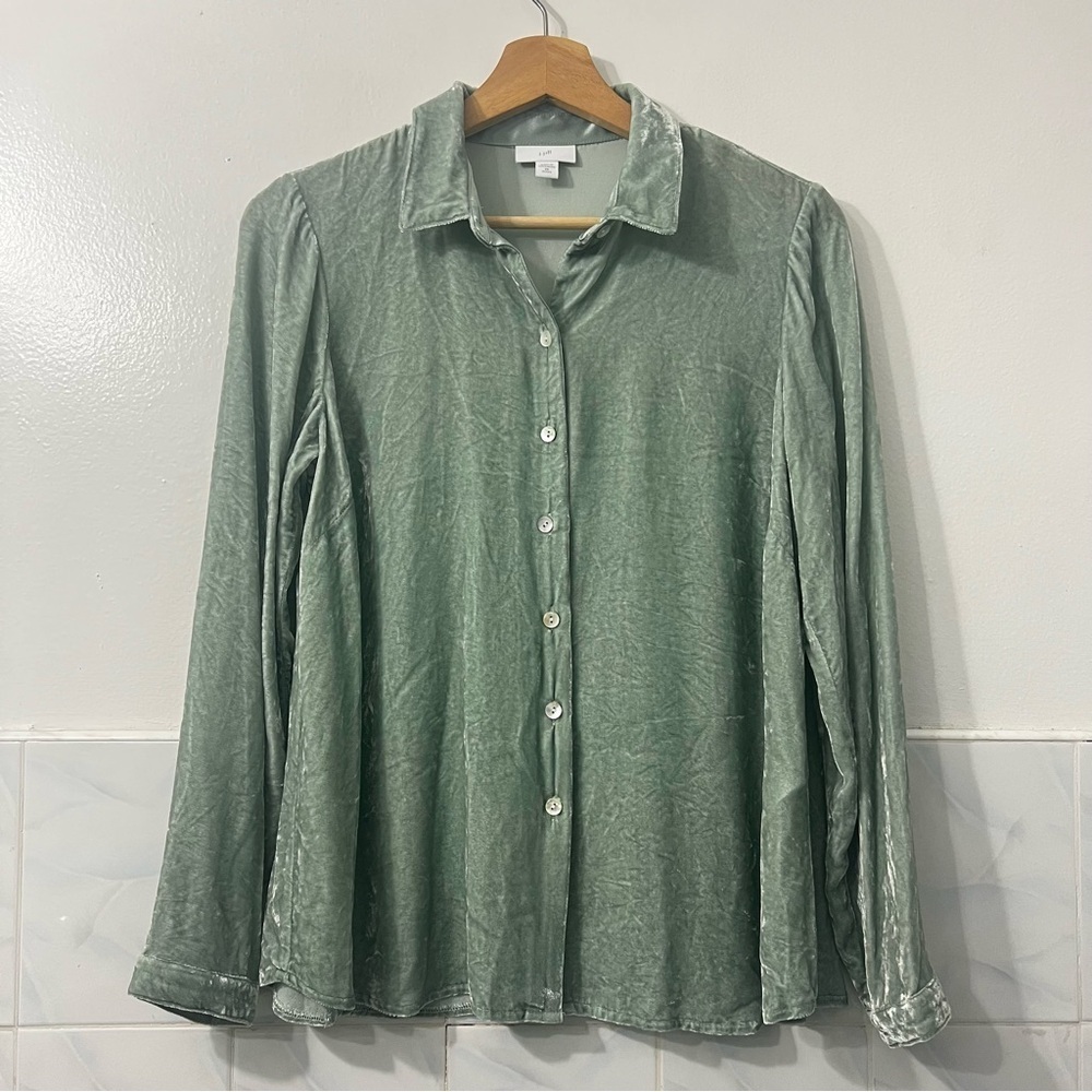 Women’s Velvet Silk Button Up Long Sleeve Top Petite XS 90s Retro Career Chic